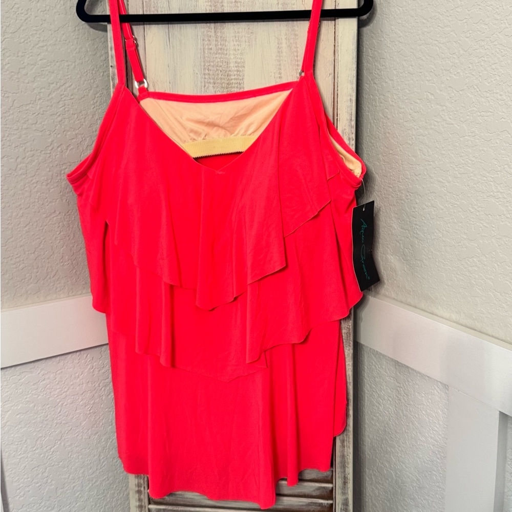 NEW with Tags! 26W Aqua Green Tankini Swim Top Women's Pink Tiered Adjustable